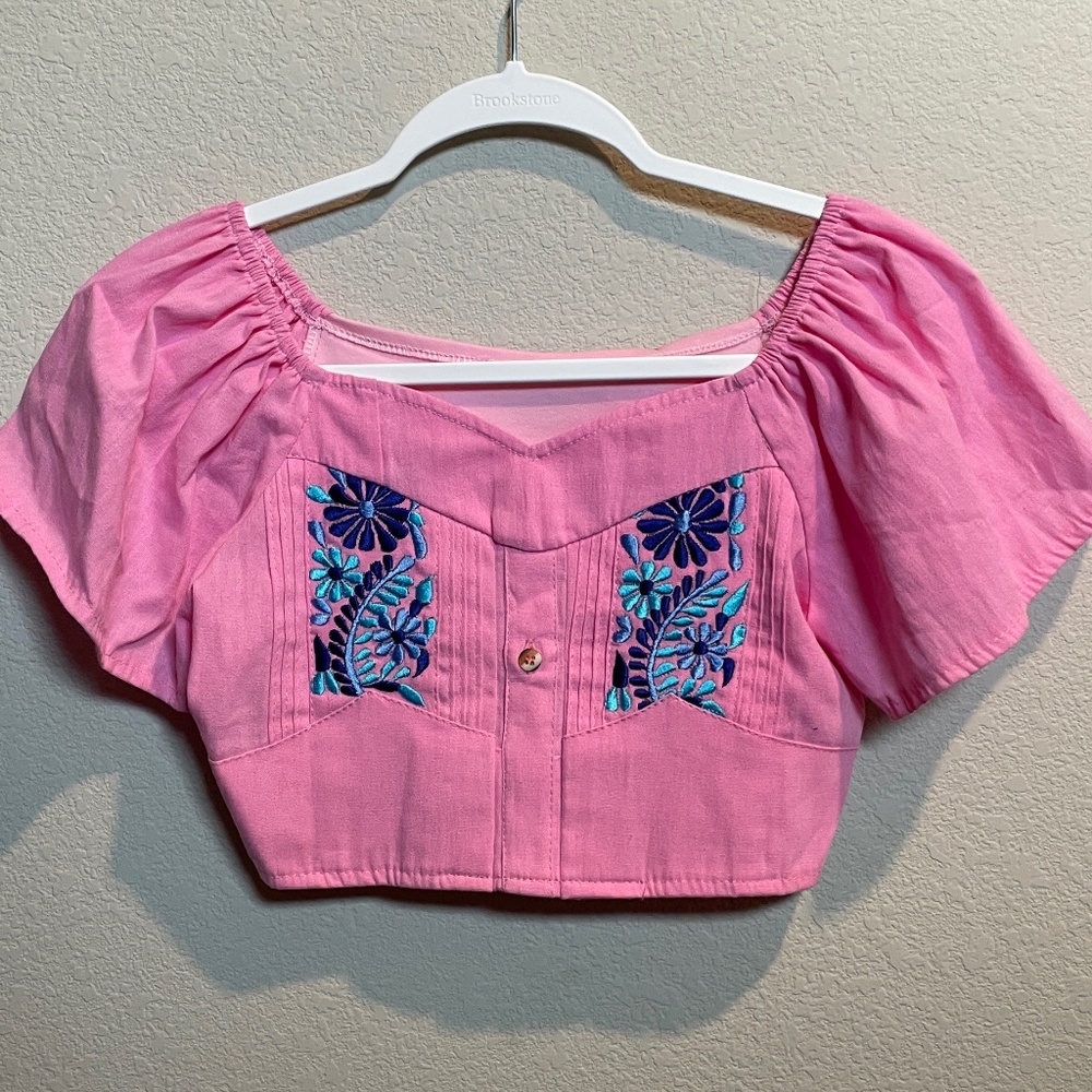 Pink with blue embroidery size Medium crop top or off shoulder